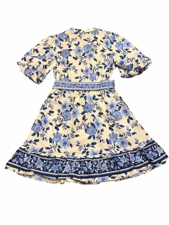 Joie Blue White Floral Puff Sleeve Belted Mini Dress Cotton Chinoiserie Size 8 - Picture 3 of 7